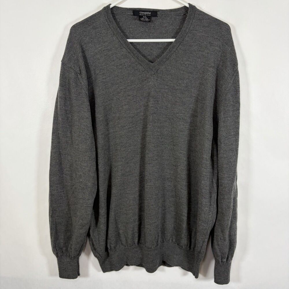 Giorgiolini 100% Merino Wool V Neck Sweater Mens 2XL XXL Gray Made In Italy